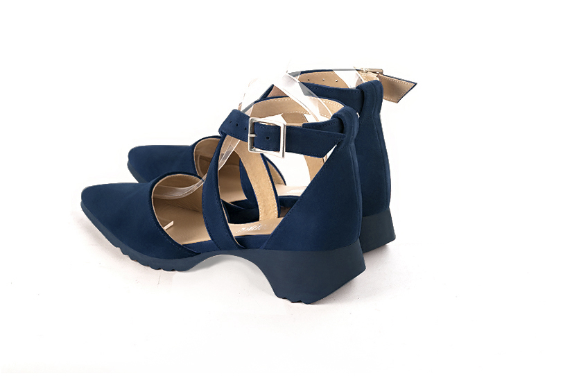 Navy blue women's open side shoes, with crossed straps.. Rear view - Florence KOOIJMAN